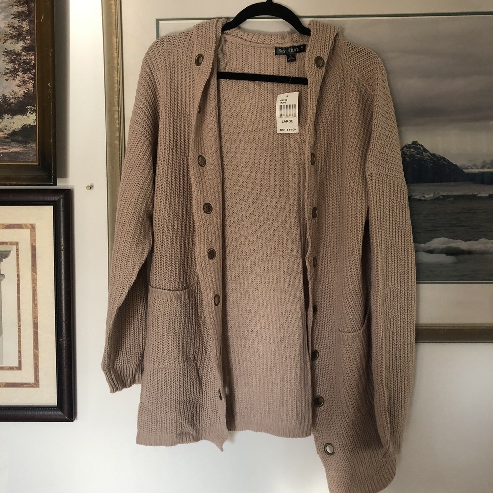 Say What ? Taupe Grommet Hooded Open Front Cardigan Sweater Sz L